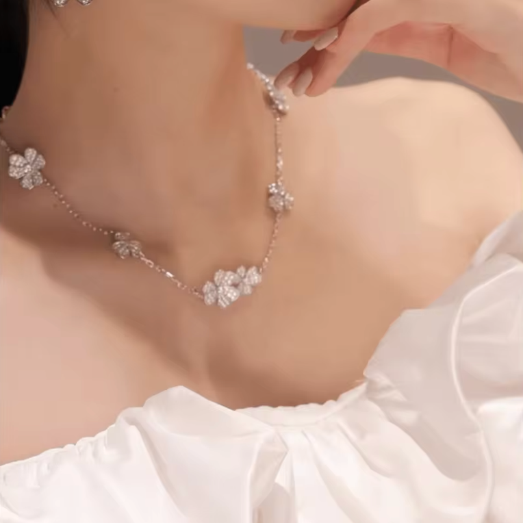 Silver Pavé Floral Blossom Station Necklace