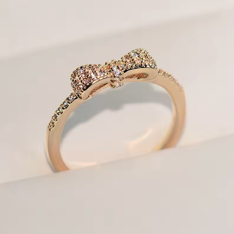 Gold Pavé Crystal Dainty Bow Ring