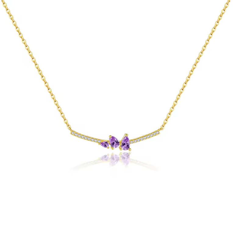 Gold Curved Bar Amethyst Cluster Necklace