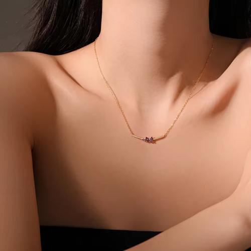Gold Curved Bar Amethyst Cluster Necklace