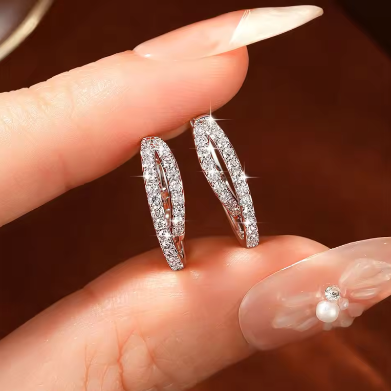 Silver Crisscross Pavé Huggie Hoop Earrings