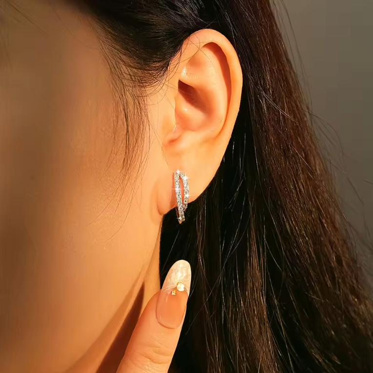 Silver Crisscross Pavé Huggie Hoop Earrings